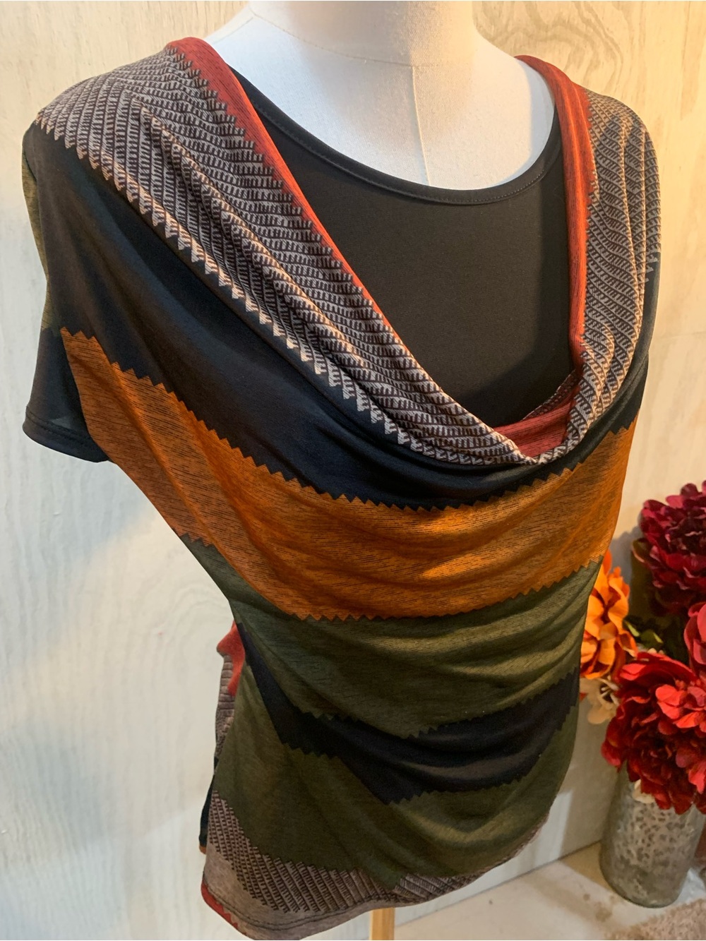 Lavish Cowl Neck Long Sleeve Dress Top in Black, Rust & Olive